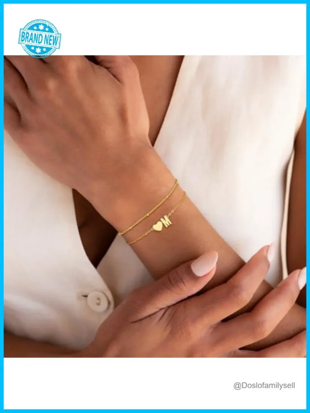 14K Gold Plated Heart Initial Charm Bracelet, Dainty Adjustable Lobster Clasp